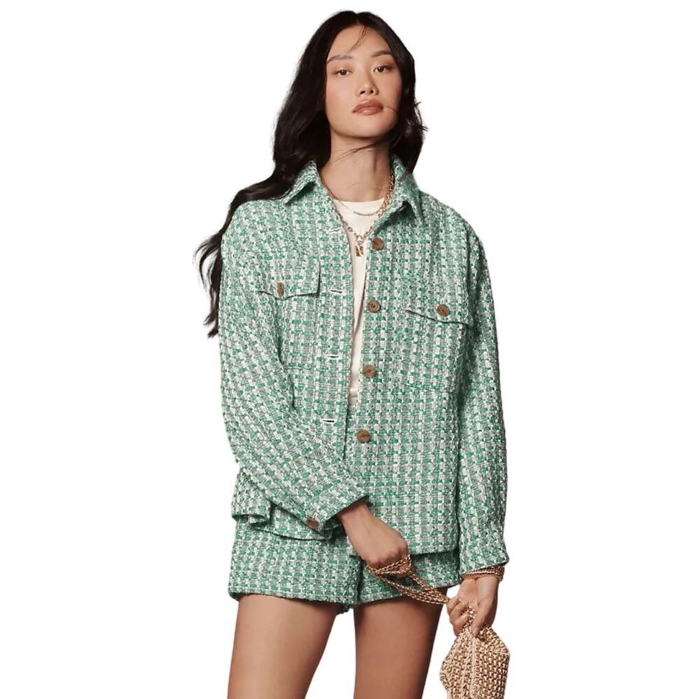 Anthropologie Maeve Tweed Shirt Jacket Green Plaid Small Petite Shacket Blazer